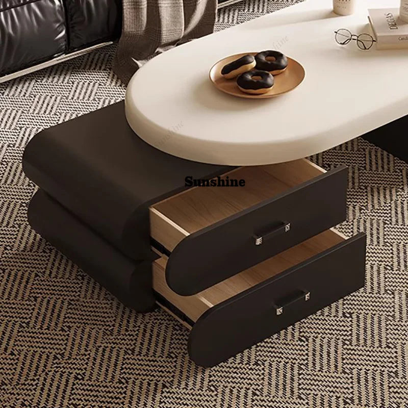French Minimalist Coffee Table With Drawers Wavy Luxury Nordic Coffee Table Oval Metal Handles Coffee Table Home Furniture