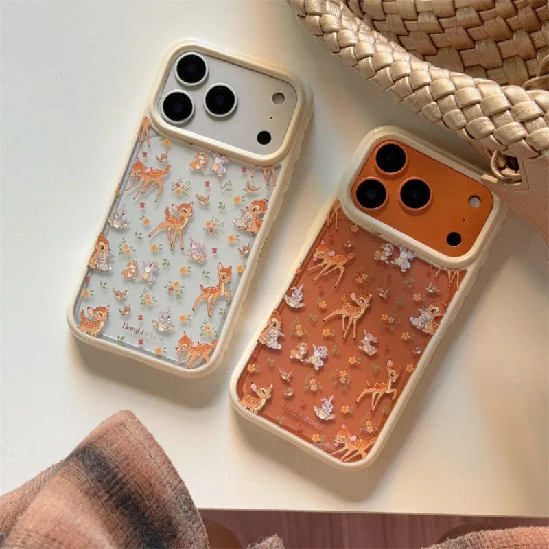 Fashion Cute Flower Little Deer Phone Case For iPhone 17 Pro 15 14 16 Pro Max Back Cover Shockproof Cartoon Cases For Girls