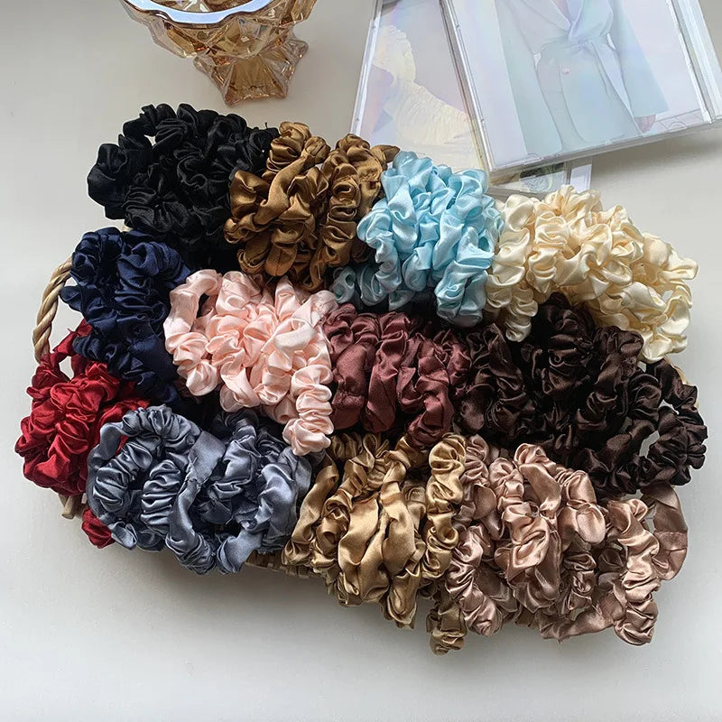 3PCs Silk Satin Small Scrunchies Set Solid Color Pleated Scrunchy Elastics Hair Ties Ponytail Holders for Women Hair accessories