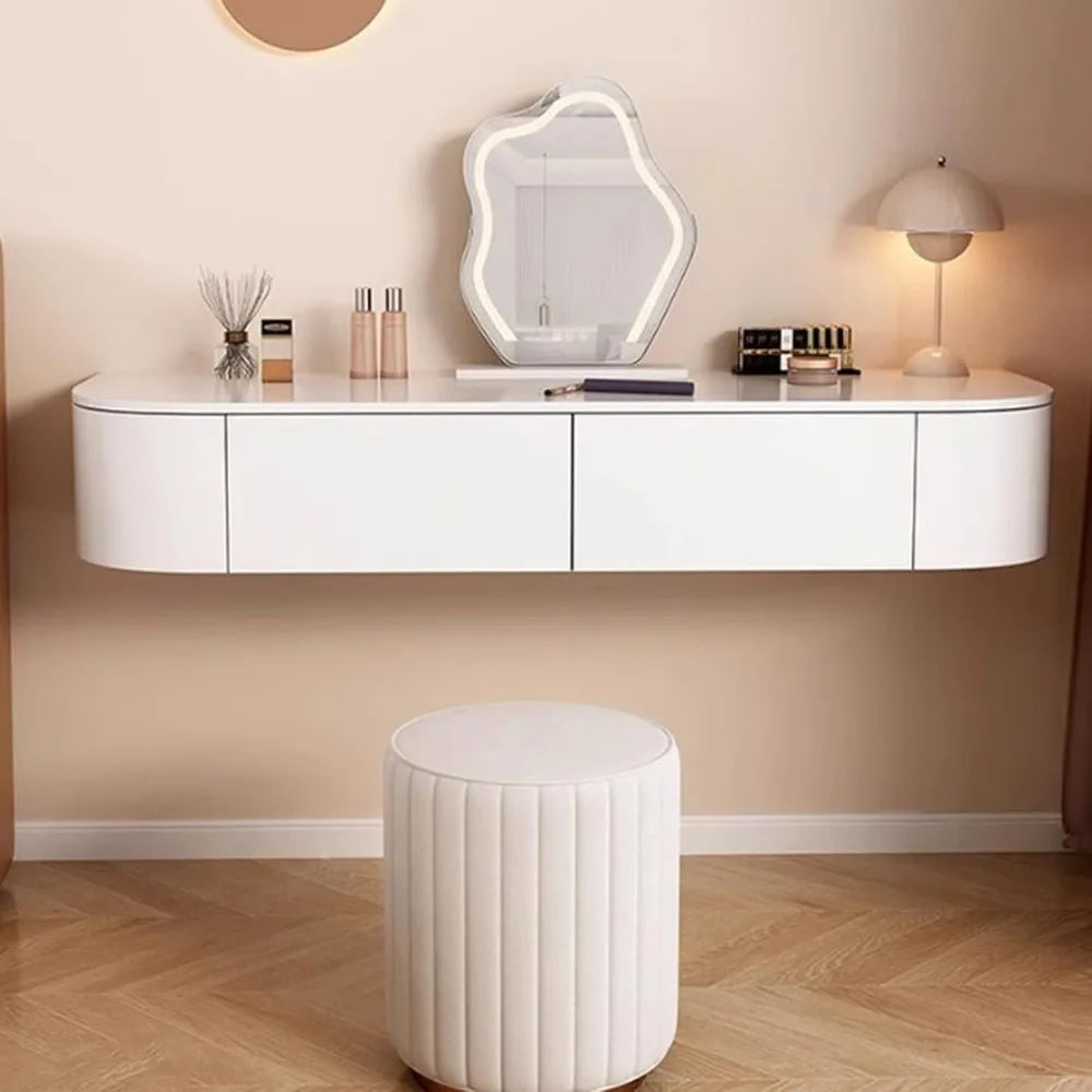 White Corner Floating Makeup Vanity with Mirror, Lights & Storage - Wall Mounted Dressing Table