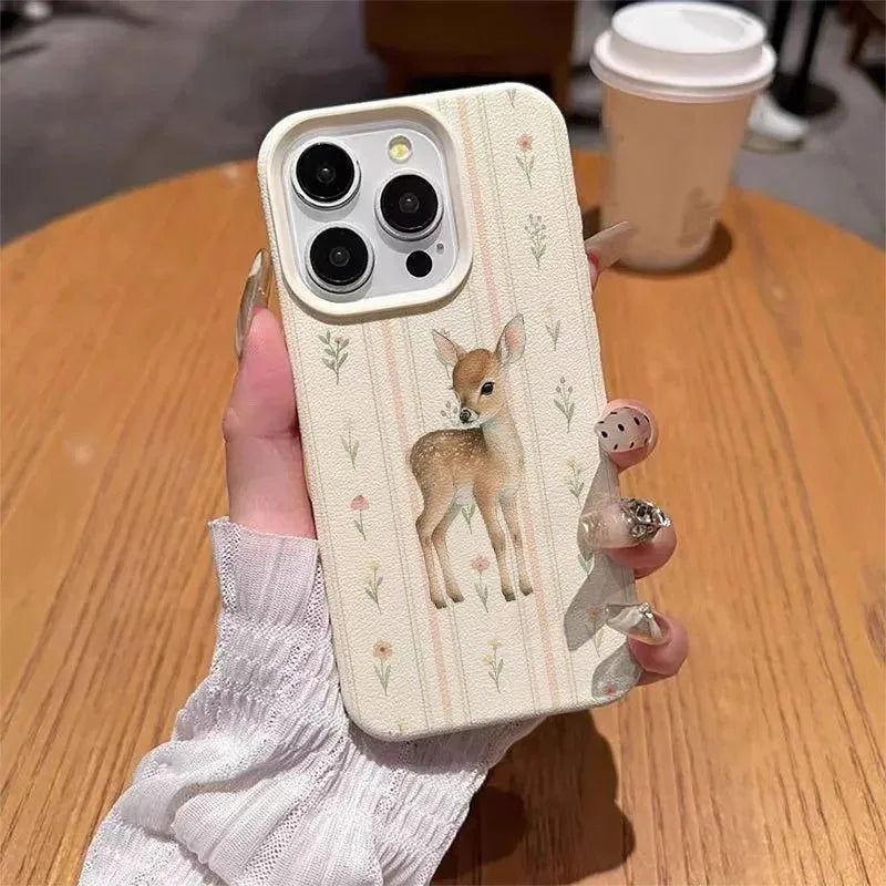 Elegant Little Deer Floral Stripe Pattern Phone Case For iPhone 17 Air Cases For iPhone 16 15 14 Pro Max 13 12 11 Plus Cover