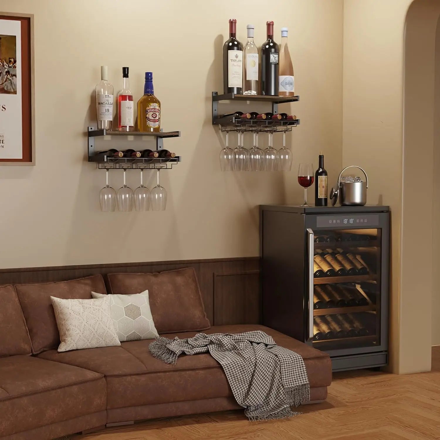 Wall Mounted Wine Rack with Stemware Hanger, Industrial Design for Bar and Kitchen Storage (Brown, 2 Shelves)