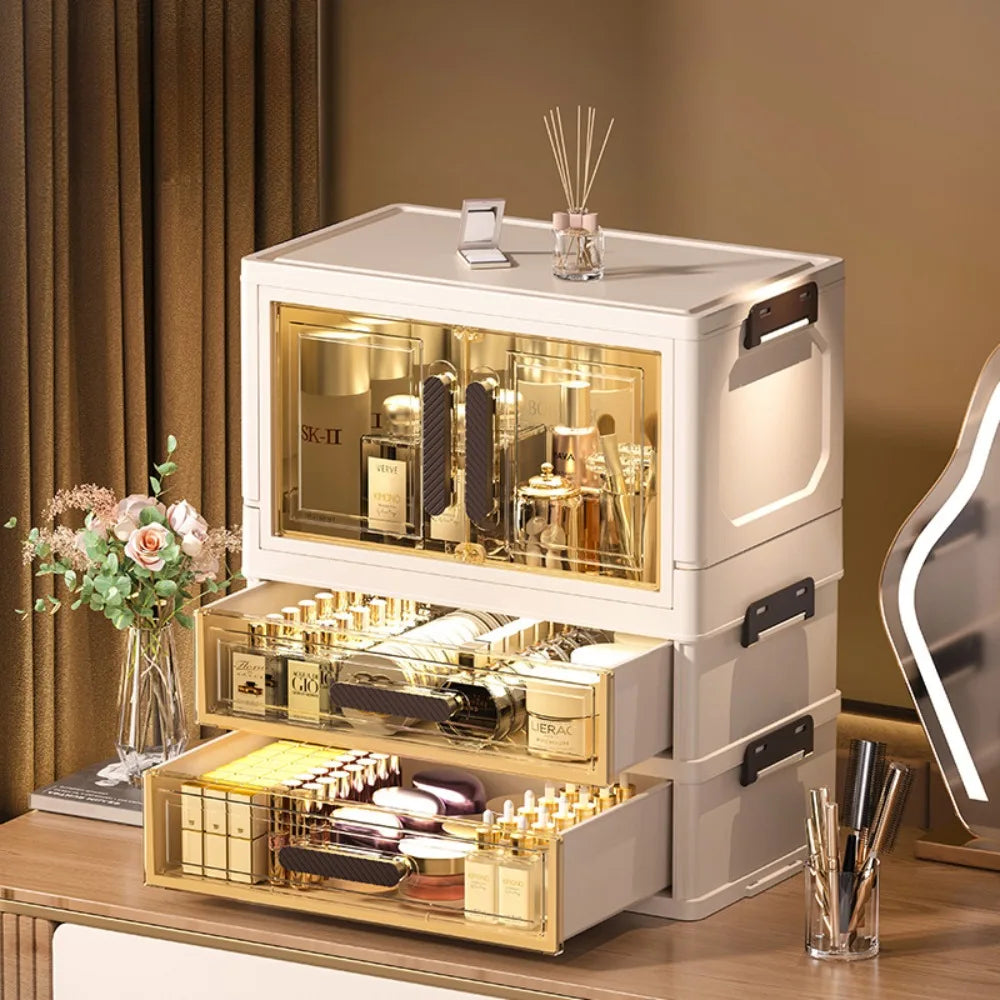 Multi-functional 3 Tier Cosmetic Organizer,Foldable Makeup Organizer,Desktop Dresser,Organizer Drawers,Stackable&DustproofDesign
