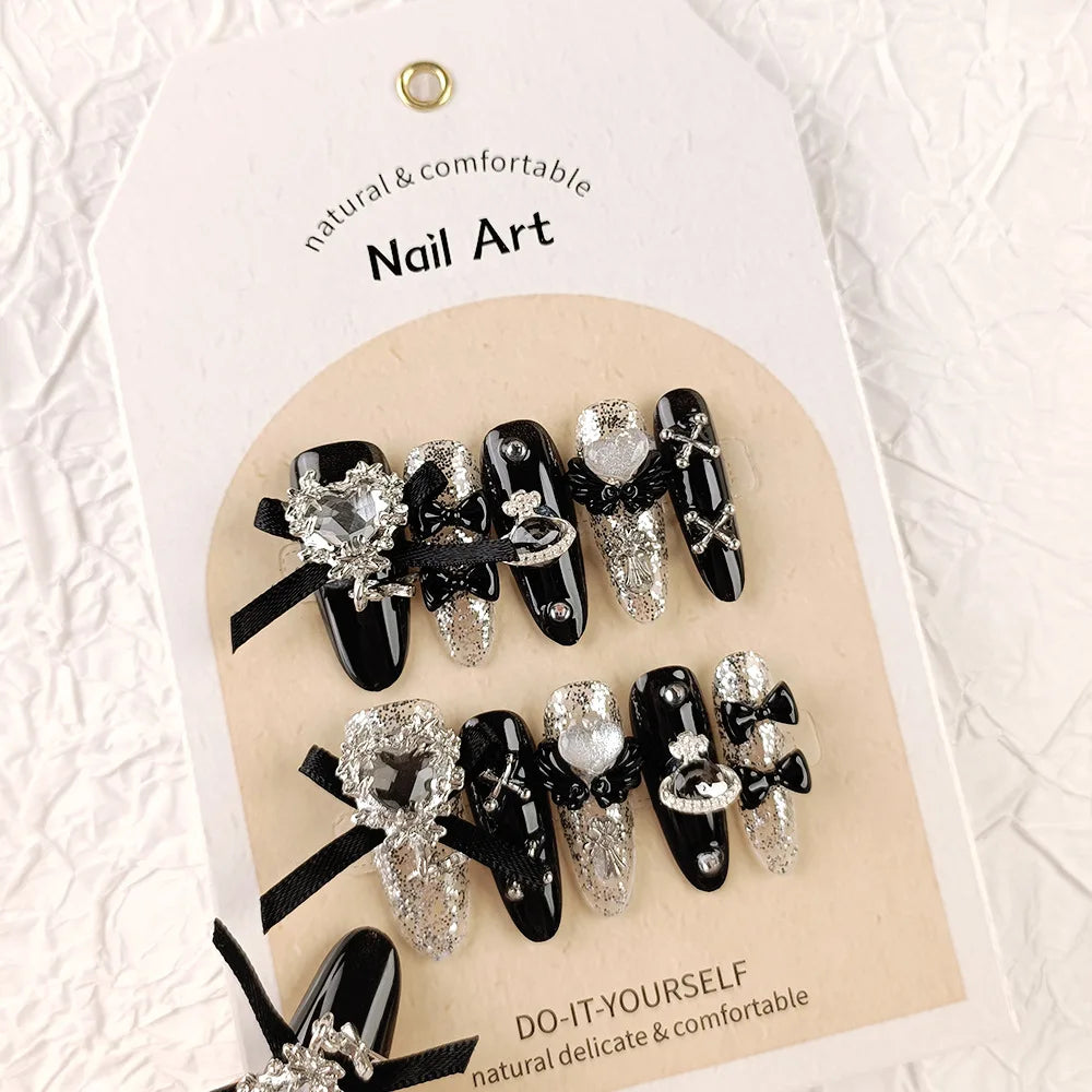 NewGoldcast Handmade Press on Nails Black Bow Tie Wearable Pink Cute Long False Nails Winter Reusable Full Cover Charm Nails Art
