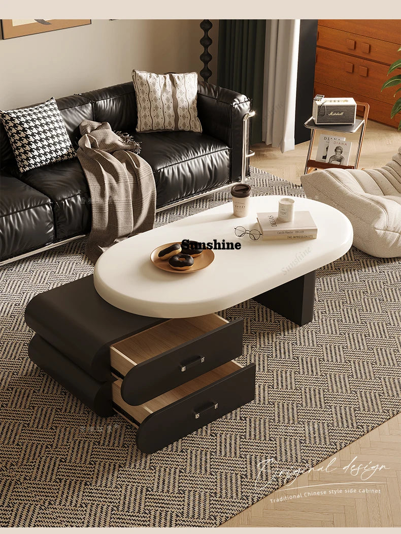 French Minimalist Coffee Table With Drawers Wavy Luxury Nordic Coffee Table Oval Metal Handles Coffee Table Home Furniture