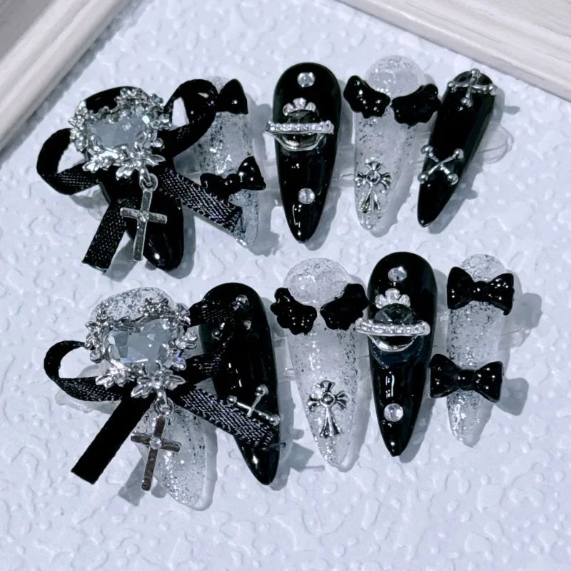NewGoldcast Handmade Press on Nails Black Bow Tie Wearable Pink Cute Long False Nails Winter Reusable Full Cover Charm Nails Art