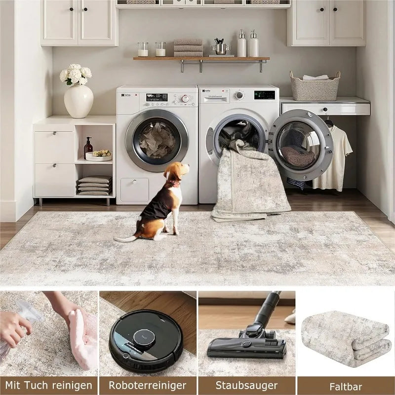 Washable Microfibre Rugs Area Small Rug 60x90cm Beige Grey Modern Abstract Entrance Kitchen Carpet Non-Slip Short Pile Soft