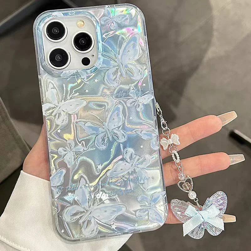 Trendy Bowknot Butterfly Pearl Dots Case For iPhone 17 Pro Max 17 Pro 17 Air Girl Chain Pendant Laser PC Phone Cover Cases
