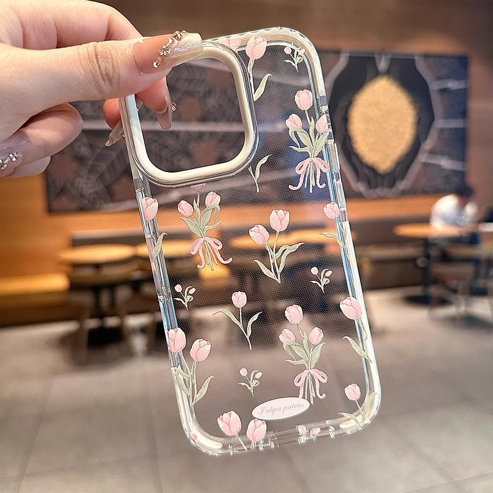 Stylish Pink Tulip Flower Pattern Cute Phone Cases for iPhone 17 16 15 14 13 12 Pro Max 16Pro Transparent Shockproof Case Cover