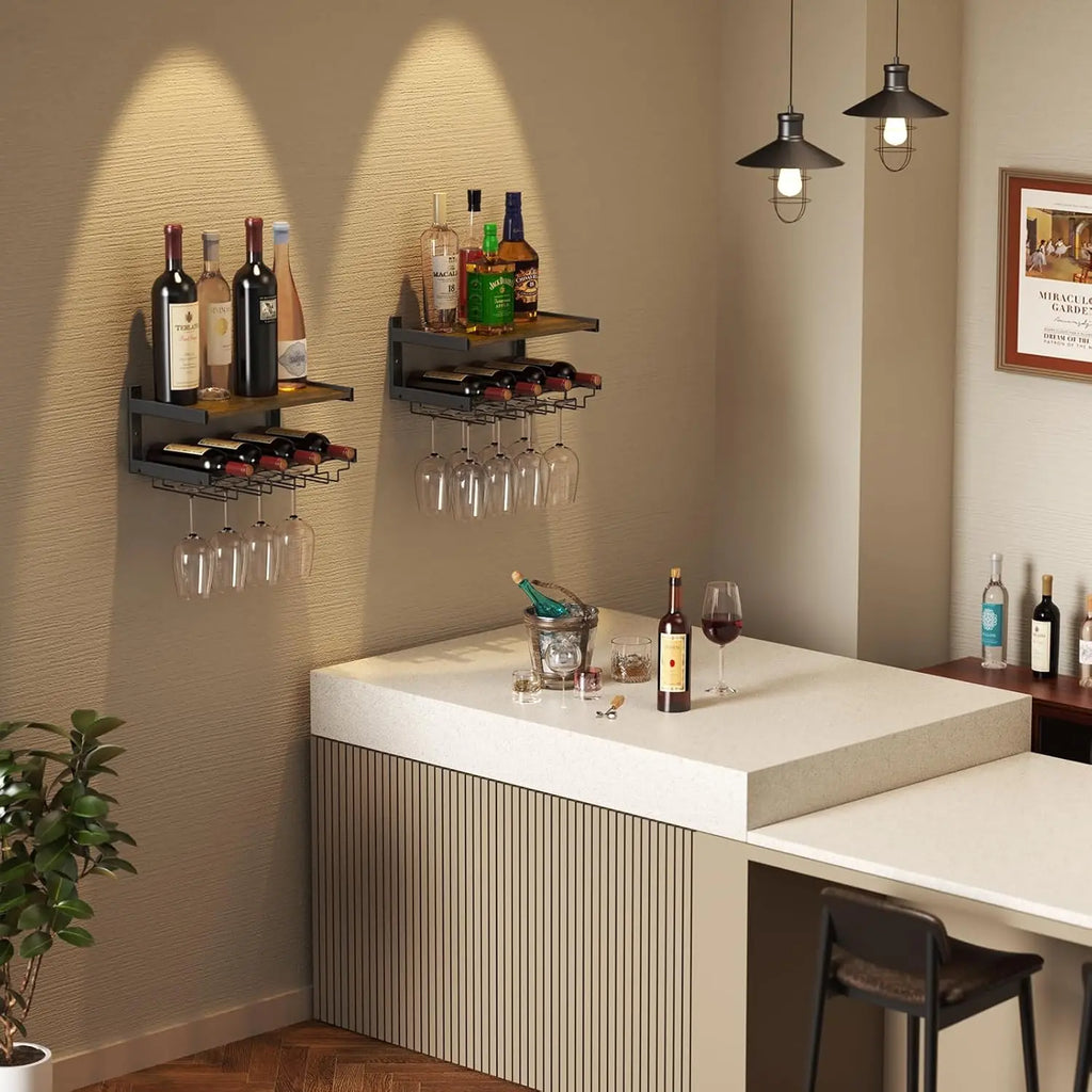 Wall Mounted Wine Rack with Stemware Hanger, Industrial Design for Bar and Kitchen Storage (Brown, 2 Shelves)