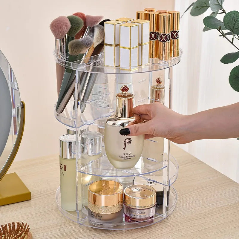 Rotating Makeup Organizer, Adjustable Layers Spinning Skincare Organizer, Cosmetic Display Case with Brush Holder Perfume Tray