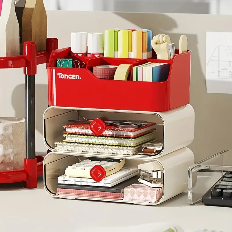 3 Layers Desk Organizer With Drawers Multifunctional Office Accessories Storage Box Stationery Desktop School Supplies