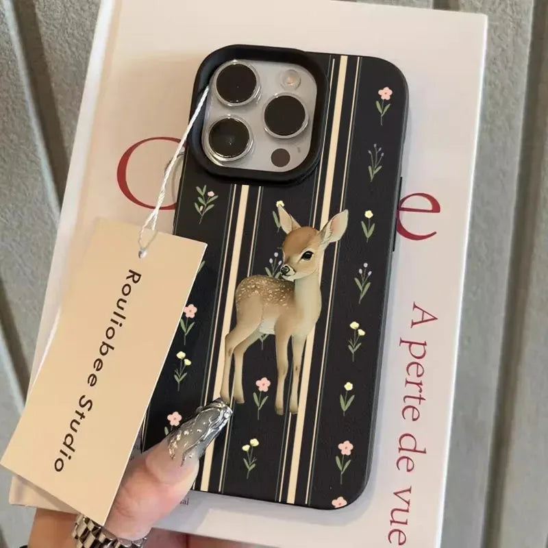 Elegant Little Deer Floral Stripe Pattern Phone Case For iPhone 17 Air Cases For iPhone 16 15 14 Pro Max 13 12 11 Plus Cover