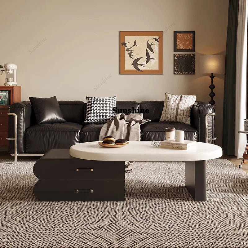 French Minimalist Coffee Table With Drawers Wavy Luxury Nordic Coffee Table Oval Metal Handles Coffee Table Home Furniture