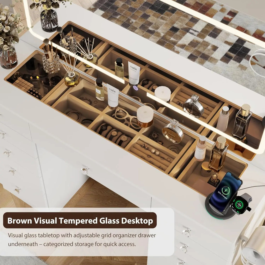 White Vanity Desk with Mirror & LED Lights, 3 Modes Adjustable Brightness, 11 Drawers Glass Top for Bedroom, Customized