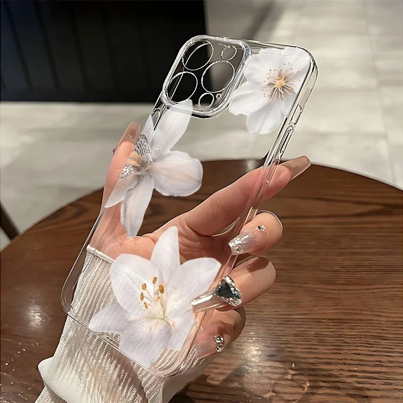 Three Exquisite White Flower Pattern New Trendy Transparent Tpu Phone Cases, Suitable for iPhone 17 Air Pro Max iPhone 16 15 14 13 12 11 XS Xr X 7 8 12/13 Mini Plus Pro Max Se, Perfect for Birthday/Holiday/Family/Friends/Coup