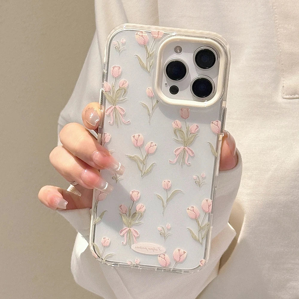 Stylish Pink Tulip Flower Pattern Cute Phone Cases for iPhone 17 16 15 14 13 12 Pro Max 16Pro Transparent Shockproof Case Cover