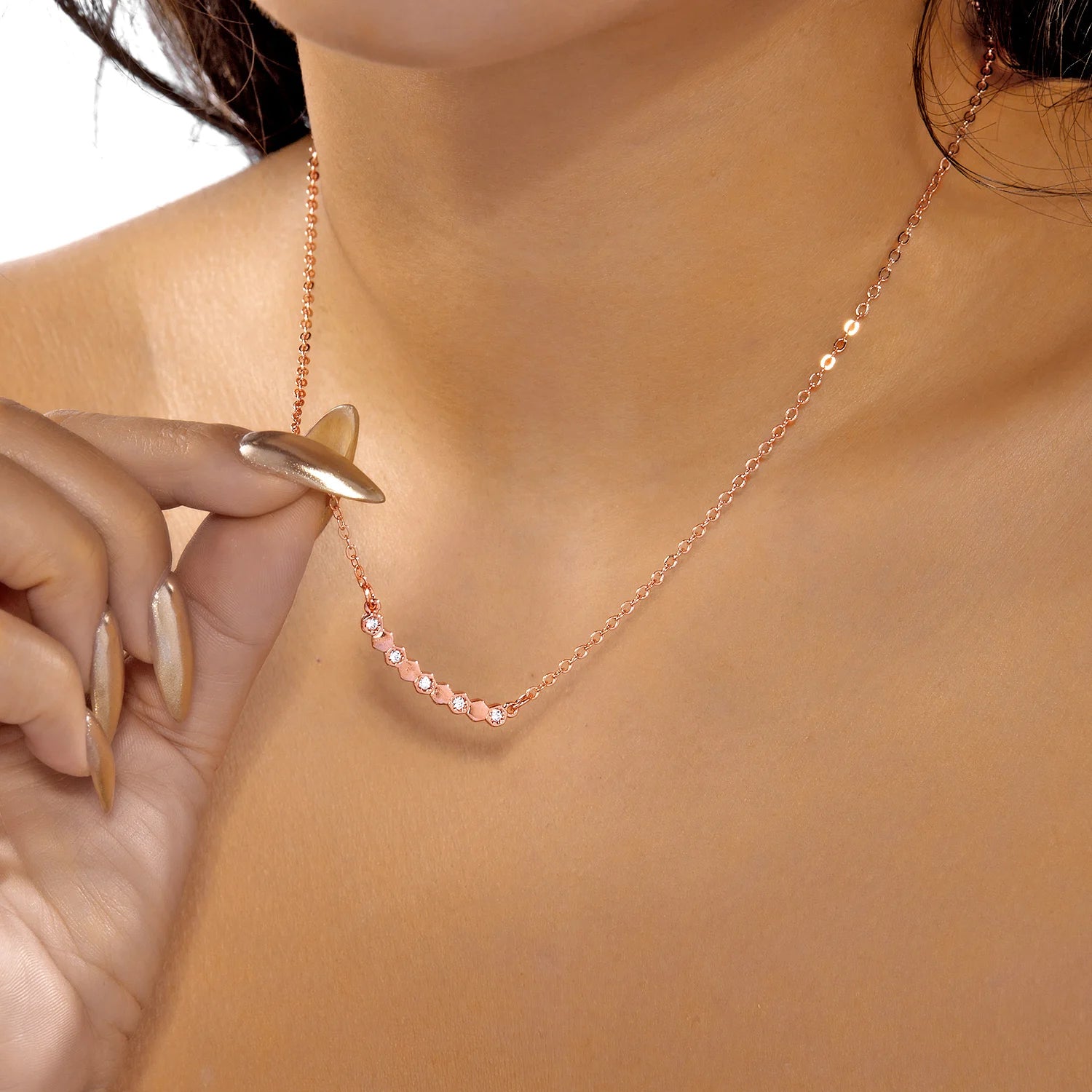 Minimalist Smile Bar Necklace for Women Rose Gold Color Plated Inlay Zircon Hexagon Geometric Clavicle Chain Jewelry Trend Gift
