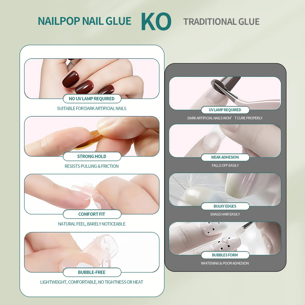 Nailpop Press On Nail Glue Strong Bond Fast Drying Long Lasting No Lamp Hypoallergenic Gentle Formula for Fake Artificial Nails