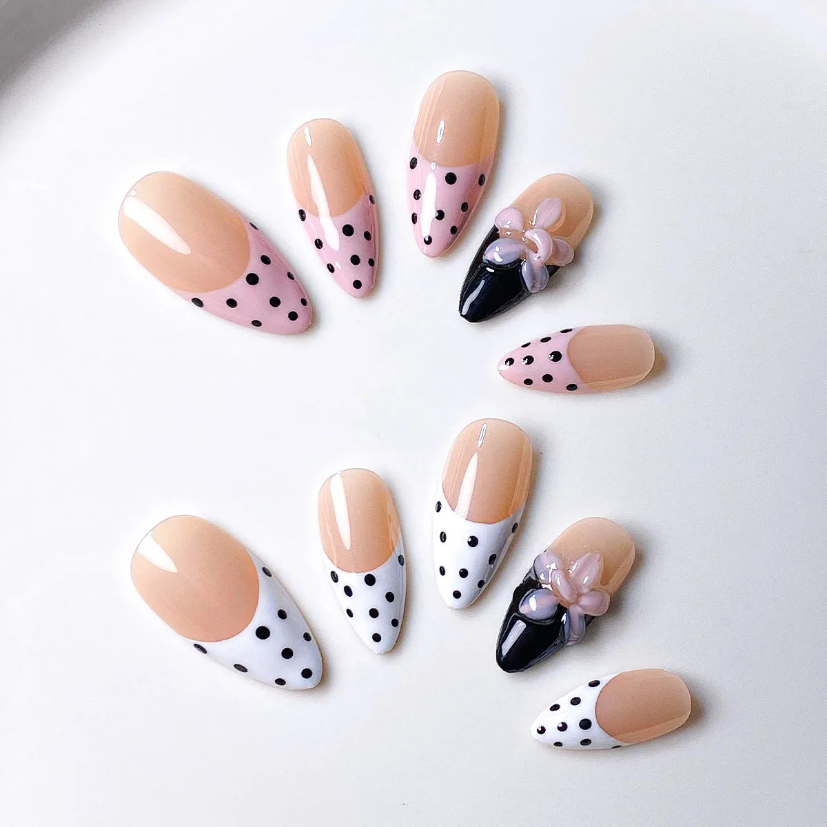 10pcs Handmade Polka Dot Press-On Nails - Pink, White & Black with 3D Flower Decor, Retro Sweet Nail Supplies