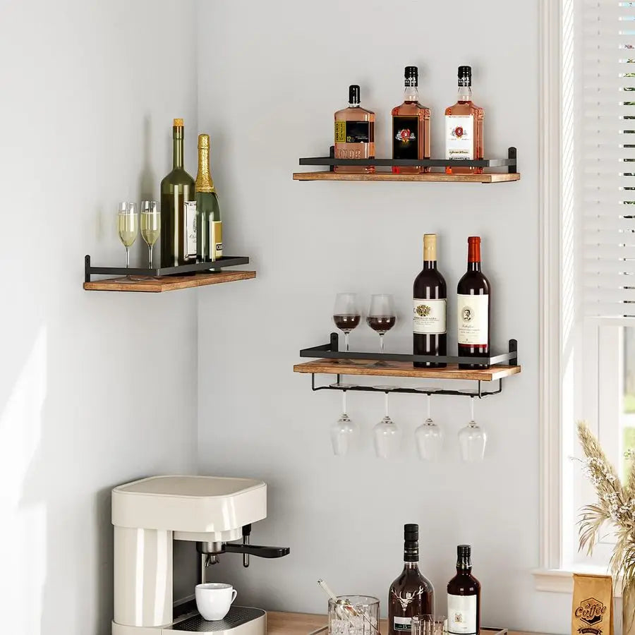 Wall Mounted Wine Rack 3 Pack, Wine Shelf Hanging Floating Wall Shelves, Wine Glass Bottle Rack Stemware Holder, for Living Room