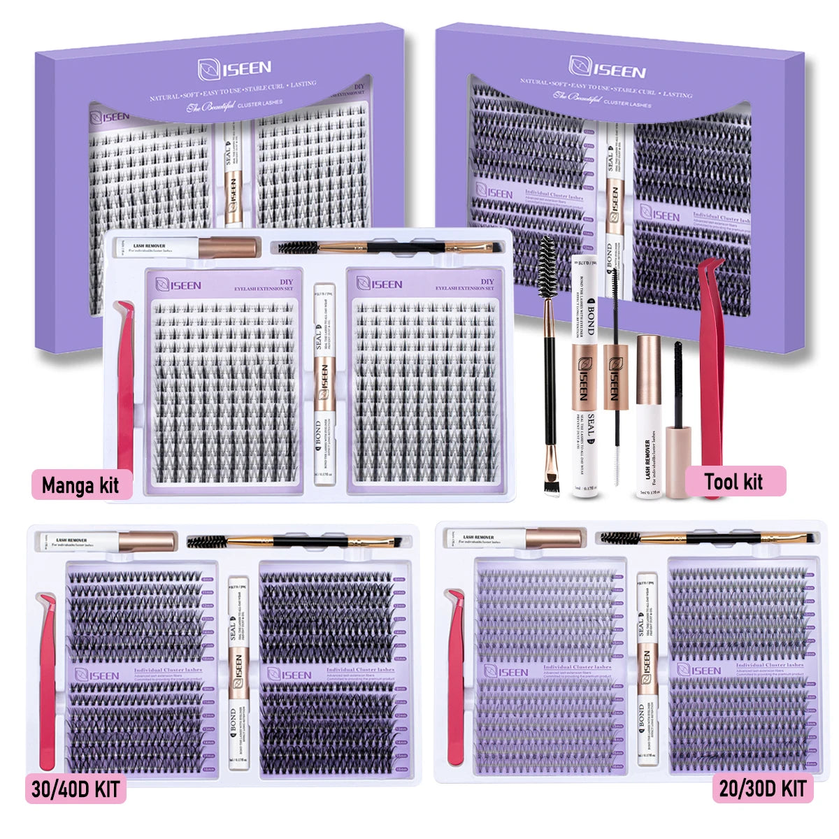 ISEEN DIY Eyelash Extension Kit Cluster Mix Eyelashes Full Set Lashes Kit with Lash Bond & Seal and Eyelash Tweezers and Brush