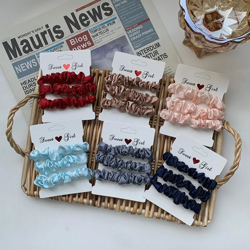 3PCs Silk Satin Small Scrunchies Set Solid Color Pleated Scrunchy Elastics Hair Ties Ponytail Holders for Women Hair accessories