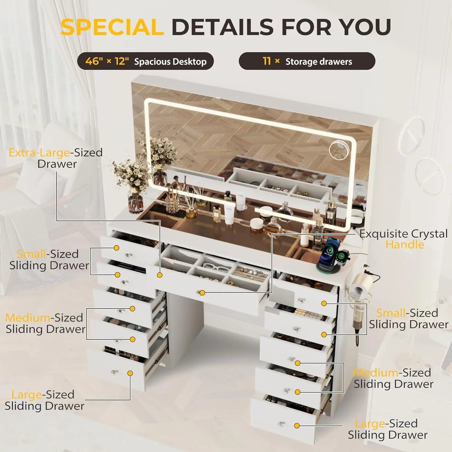 White Vanity Desk with Mirror & LED Lights, 3 Modes Adjustable Brightness, 11 Drawers Glass Top for Bedroom, Customized