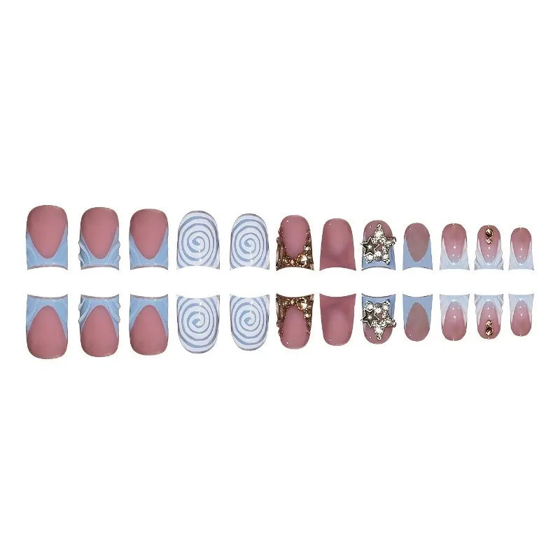 24pcs Short Duckbill False Nails Wearable Blue French Fake Nails Star Flash Rhinestones Decor Gradient y2k Nails Press On Nail