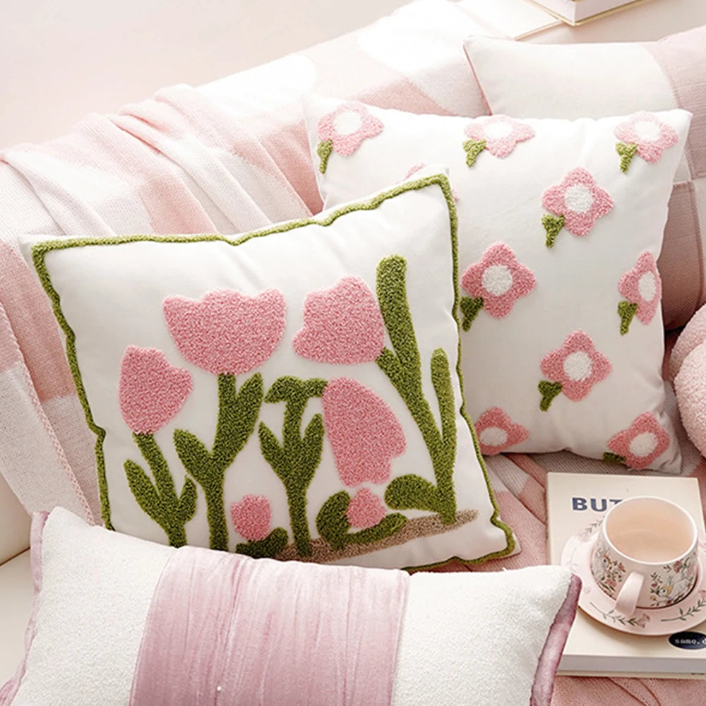BUYNOW Cute Pink Flower Embroidered Pillowcase Ins French-style Cream Living Room Sofa Cushion Cover Home Bedroom Party Decor