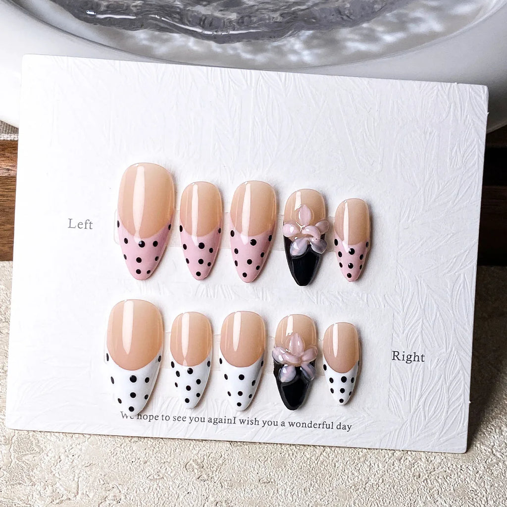 10pcs Handmade Polka Dot Press-On Nails - Pink, White & Black with 3D Flower Decor, Retro Sweet Nail Supplies