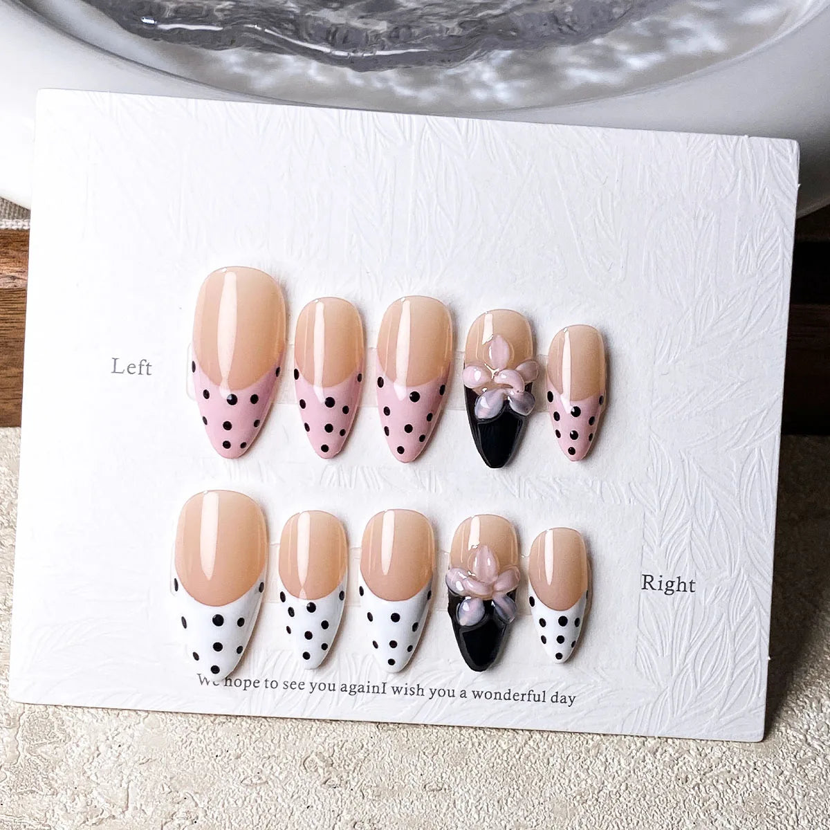 10pcs Handmade Polka Dot Press-On Nails - Pink, White & Black with 3D Flower Decor, Retro Sweet Nail Supplies