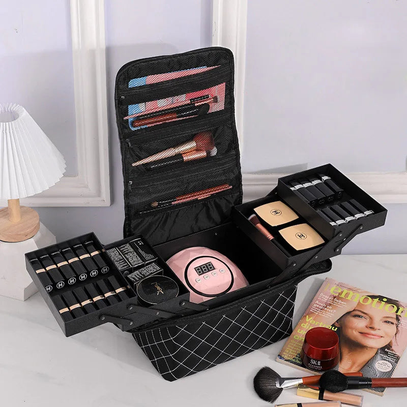 Women Cosmetic Boxes Zipper Nail Art Kit Storage Case Organizer Professional Make Up Handbag Large Capacity Plaid Makeup Bags