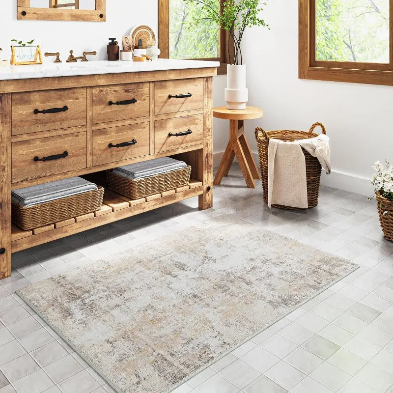 Washable Microfibre Rugs Area Small Rug 60x90cm Beige Grey Modern Abstract Entrance Kitchen Carpet Non-Slip Short Pile Soft
