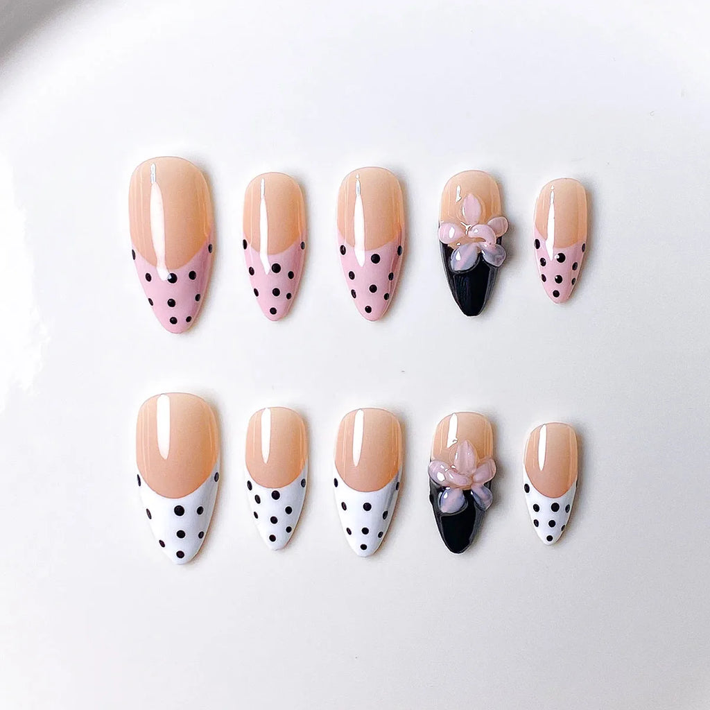 10pcs Handmade Polka Dot Press-On Nails - Pink, White & Black with 3D Flower Decor, Retro Sweet Nail Supplies
