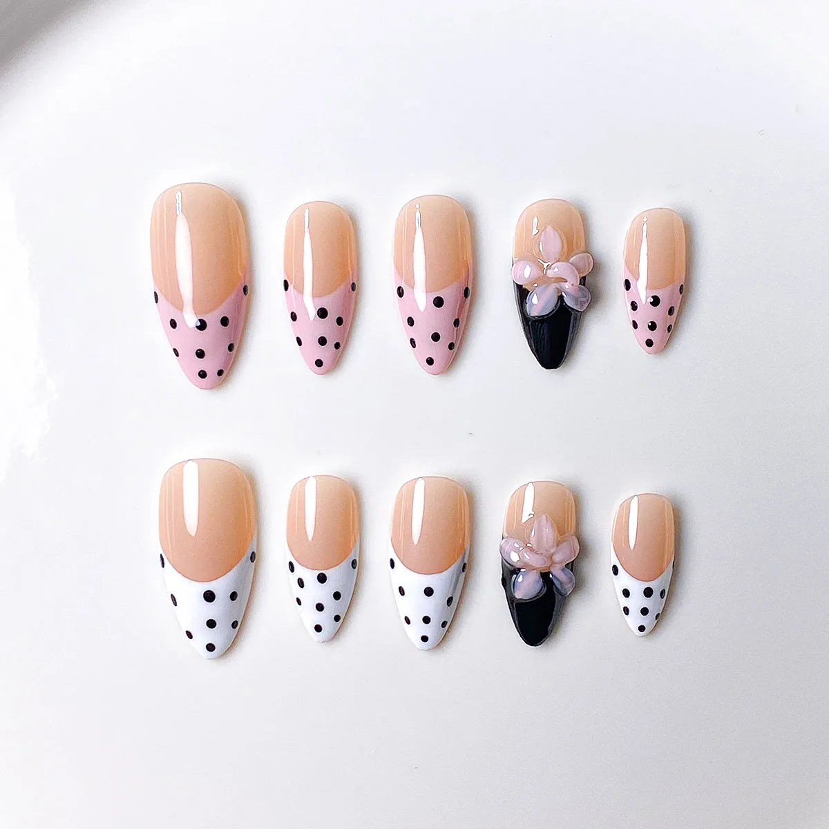 10pcs Handmade Polka Dot Press-On Nails - Pink, White & Black with 3D Flower Decor, Retro Sweet Nail Supplies