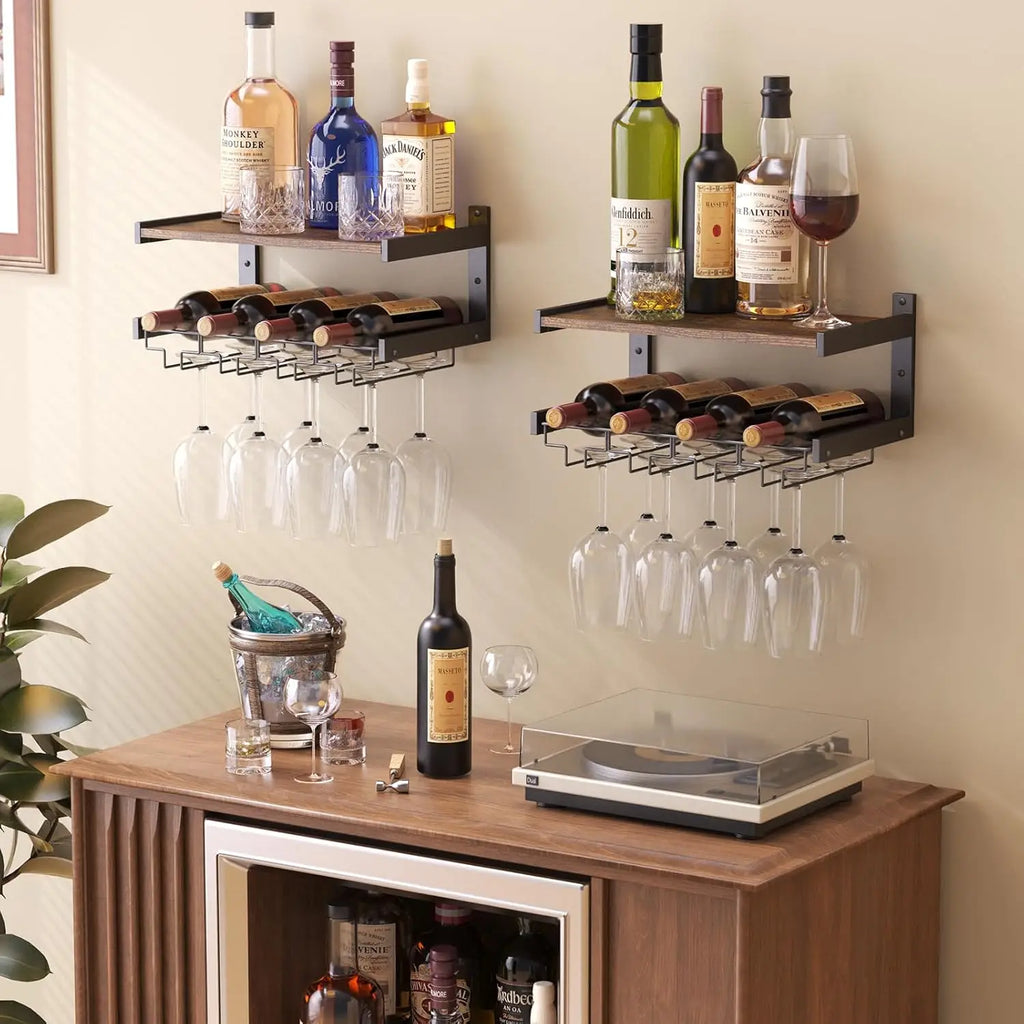 Wall Mounted Wine Rack with Stemware Hanger, Industrial Design for Bar and Kitchen Storage (Brown, 2 Shelves)