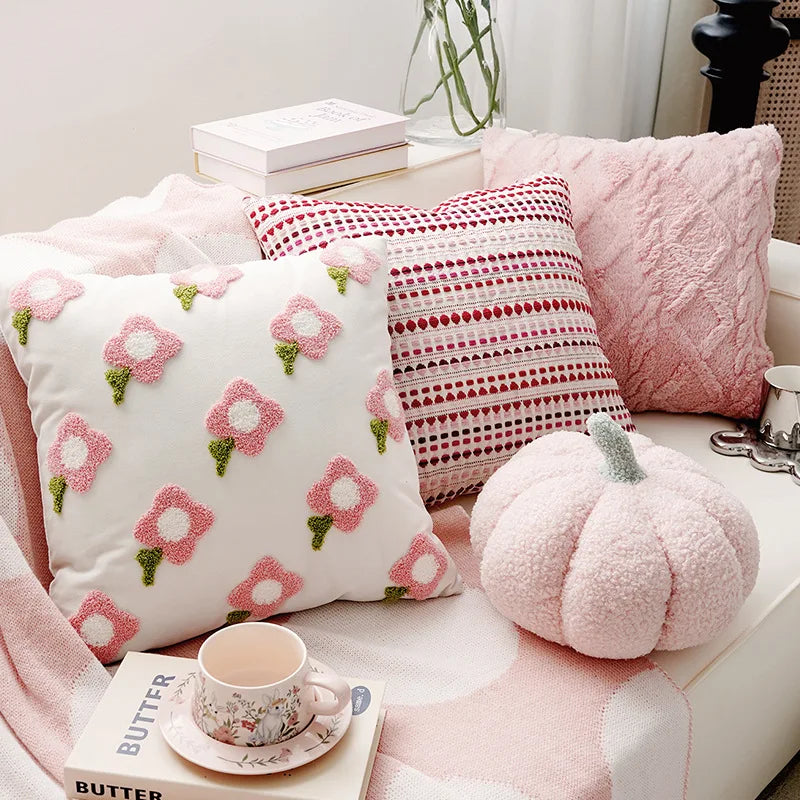 BUYNOW Cute Pink Flower Embroidered Pillowcase Ins French-style Cream Living Room Sofa Cushion Cover Home Bedroom Party Decor