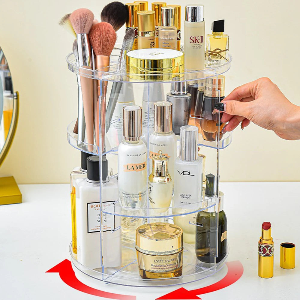Rotating Makeup Organizer, Adjustable Layers Spinning Skincare Organizer, Cosmetic Display Case with Brush Holder Perfume Tray
