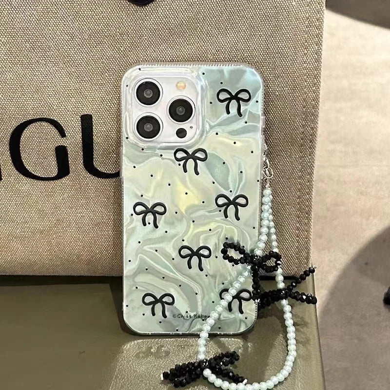 Trendy Bowknot Butterfly Pearl Dots Case For iPhone 17 Pro Max 17 Pro 17 Air Girl Chain Pendant Laser PC Phone Cover Cases