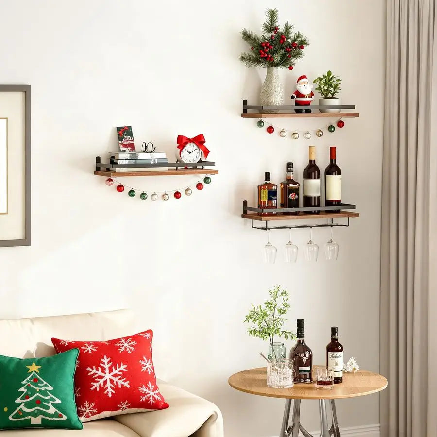 Wall Mounted Wine Rack 3 Pack, Wine Shelf Hanging Floating Wall Shelves, Wine Glass Bottle Rack Stemware Holder, for Living Room