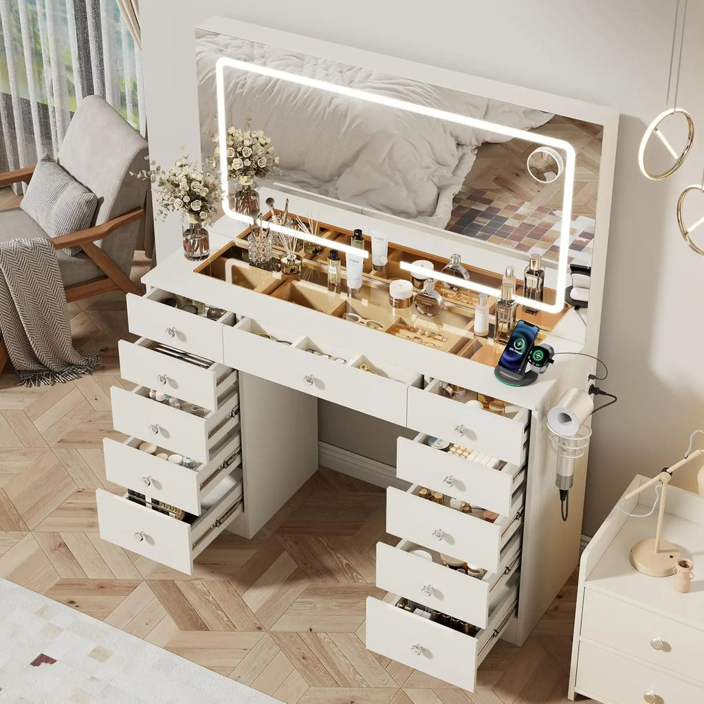 White Vanity Desk with Mirror & LED Lights, 3 Modes Adjustable Brightness, 11 Drawers Glass Top for Bedroom, Customized