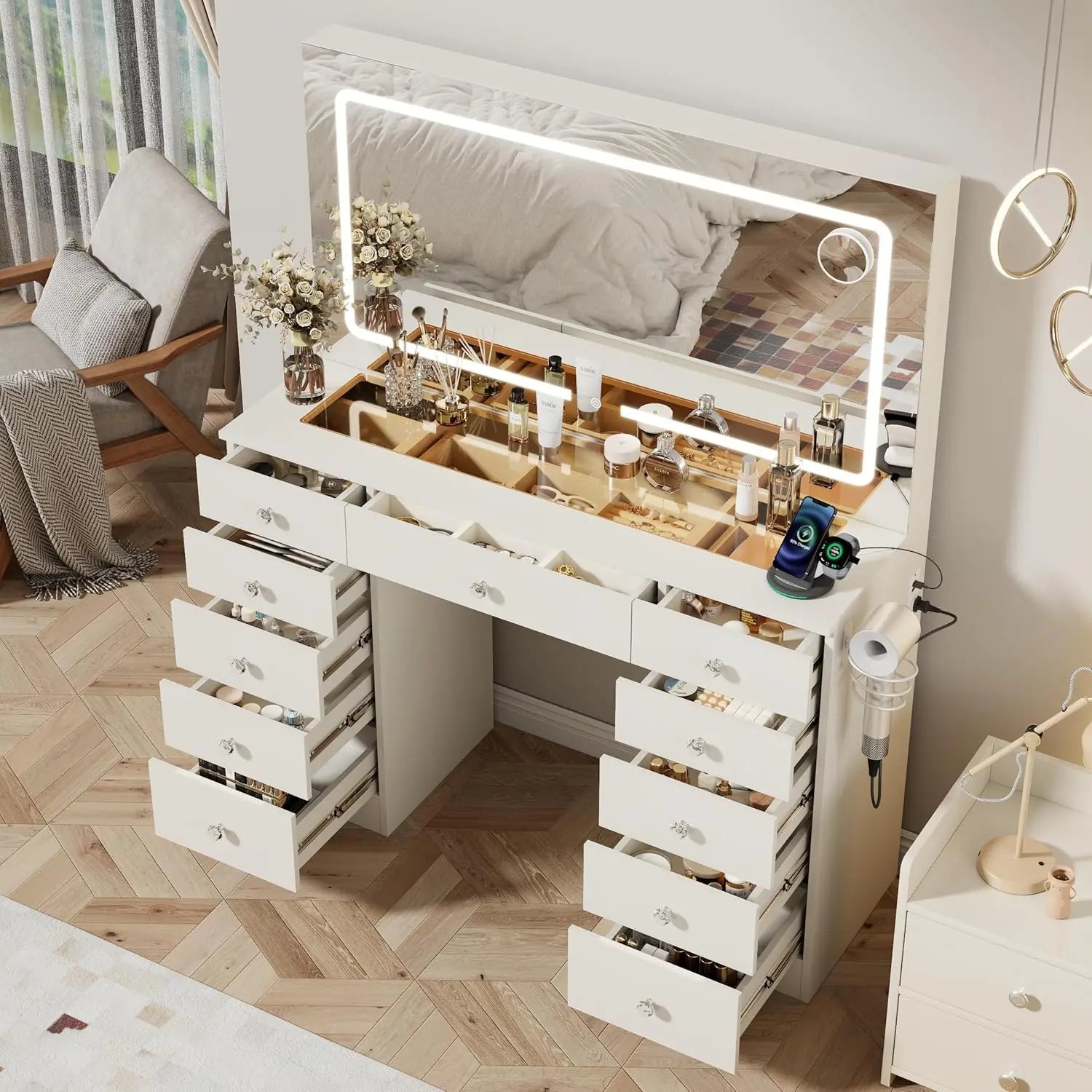 White Vanity Desk with Mirror & LED Lights, 3 Modes Adjustable Brightness, 11 Drawers Glass Top for Bedroom, Customized