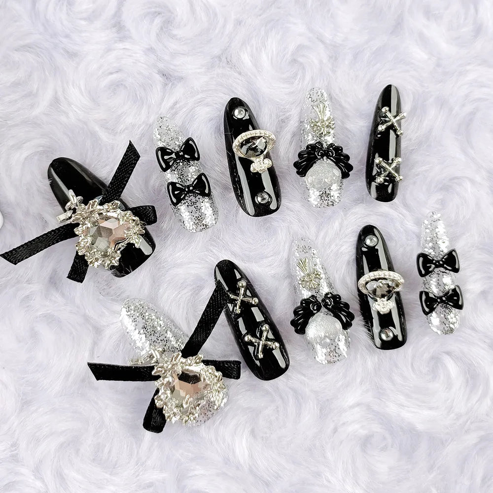 NewGoldcast Handmade Press on Nails Black Bow Tie Wearable Pink Cute Long False Nails Winter Reusable Full Cover Charm Nails Art
