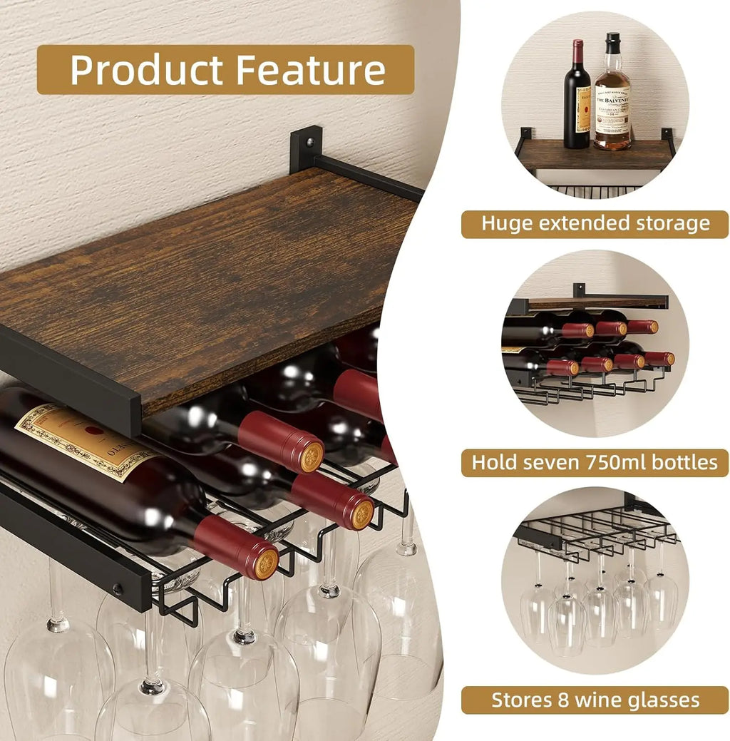Wall Mounted Wine Rack with Stemware Hanger, Industrial Design for Bar and Kitchen Storage (Brown, 2 Shelves)