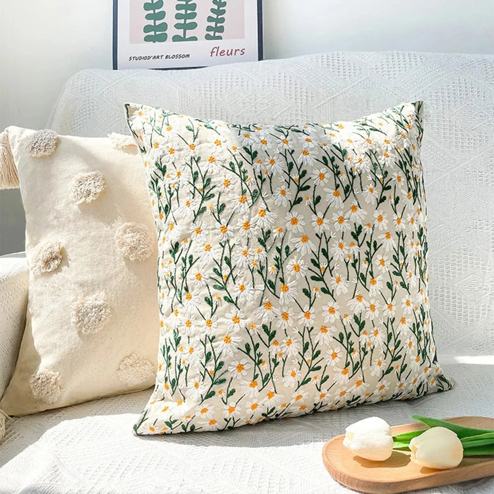 Embroidered Floral Pillow Case Decor Home Light Luxury Sweet Pillow Cushion Cover Throw Square Funda Cogines De 45x45Cm