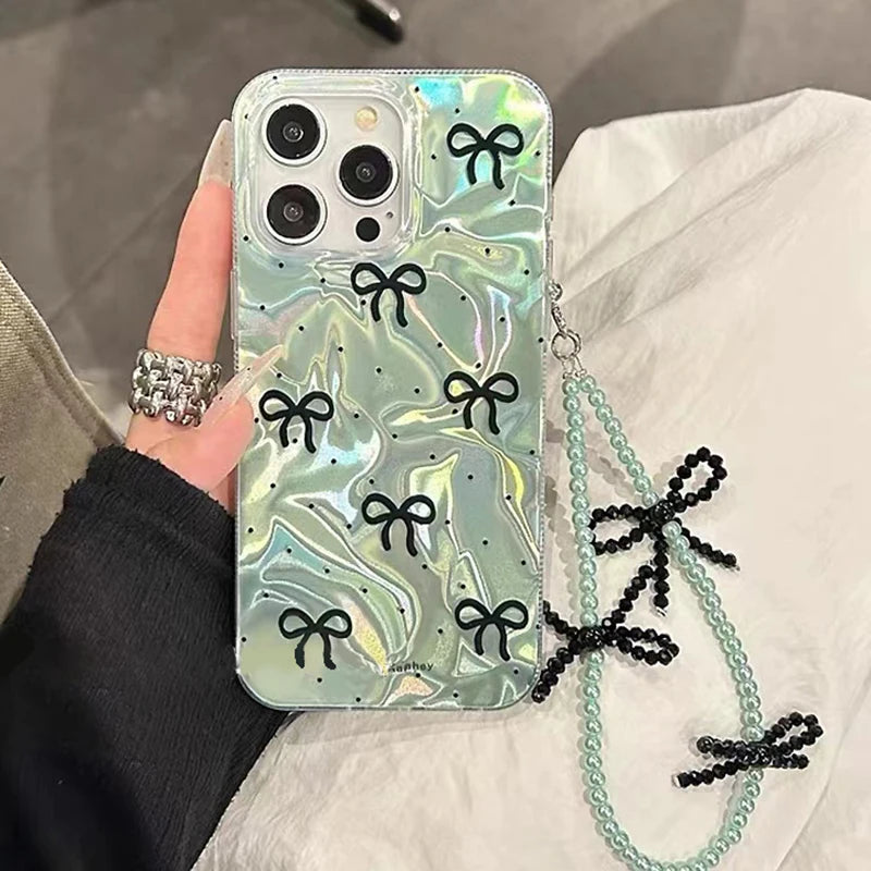 Trendy Bowknot Butterfly Pearl Dots Case For iPhone 17 Pro Max 17 Pro 17 Air Girl Chain Pendant Laser PC Phone Cover Cases