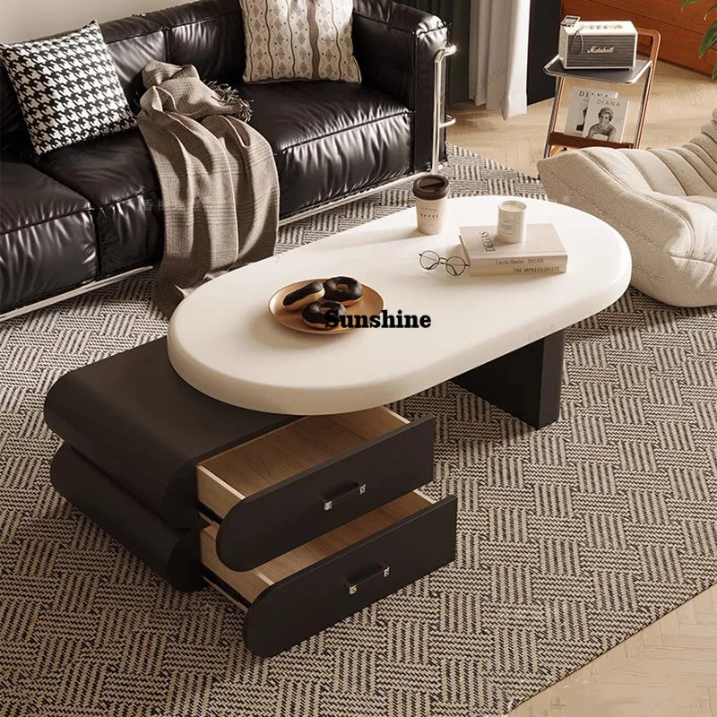 French Minimalist Coffee Table With Drawers Wavy Luxury Nordic Coffee Table Oval Metal Handles Coffee Table Home Furniture
