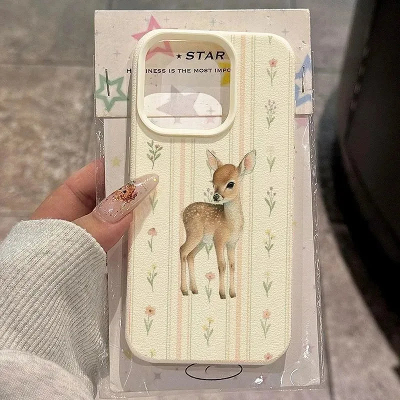 Elegant Little Deer Floral Stripe Pattern Phone Case For iPhone 17 Air Cases For iPhone 16 15 14 Pro Max 13 12 11 Plus Cover
