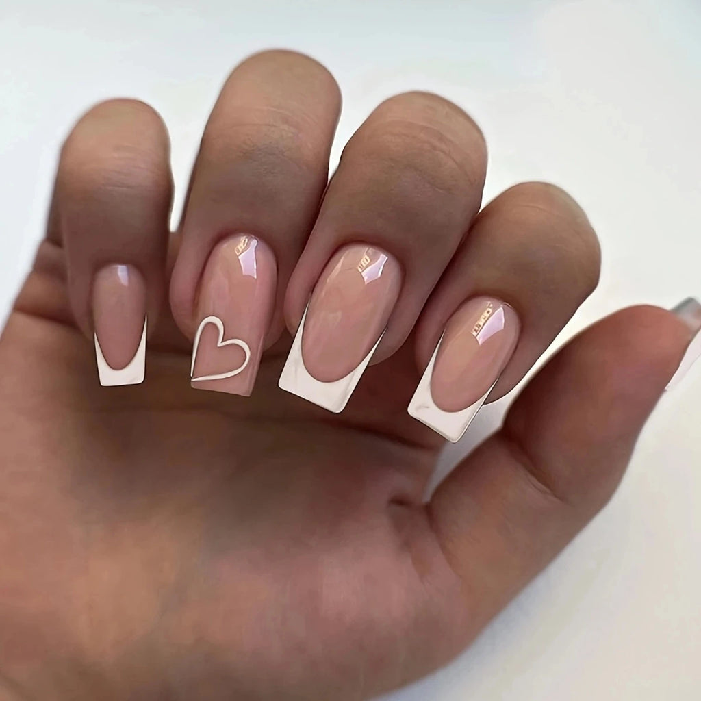 24 Pcs white Long Square French Press On Nails Love Design, Nails tool & 1pc Nail File & 1Nail Glue Sticker Kit Nails For Girl
